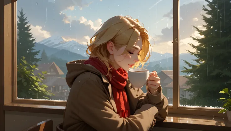 "A cozy café on a rainy afternoon, with large windows covered in raindrops and the scent of freshly brewed coffee filling the air. A beautiful woman with a thoughtful expression sits by the window, stirring her cup of coffee while gazing outside at the rai...