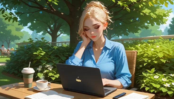 "A beautiful face and nice body, a woman sitting under a tree in a park, working on her laptop." She is wearing comfortable outdoor clothes, with a coffee tumbler beside her. The peaceful natural surroundings create a calming and focused work environment.
...