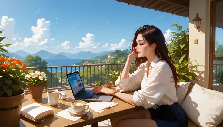 "A beautiful face and nice body, a woman sitting on a balcony, working on her laptop." She is dressed casually, with a cup of coffee on the table. The fresh air and scenic view create a refreshing and inspiring work environment.