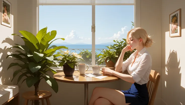 "A bright cafe with tall glass windows surrounded by vibrant plants and wooden details. A woman sits on a wooden chair by a small round table, enjoying her coffee while gazing out the window. The espresso machine on the counter gleams in the sunlight, and ...