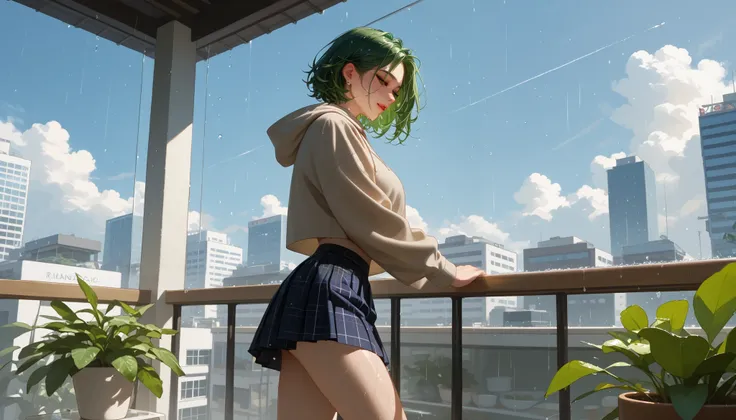 "A reflective woman standing on a glass balcony during twilight, wearing a lightweight skirt and a cropped hoodie. Her ombre green hair shimmers faintly under the dim, rainy sky. She gazes at the city below, where blurred neon lights and wet streets create...