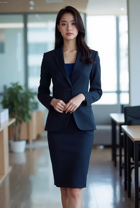 masterpiece, 8k, photorealistic, beautiful Japanese woman, navy business skirt suit, full body, modern office, slender