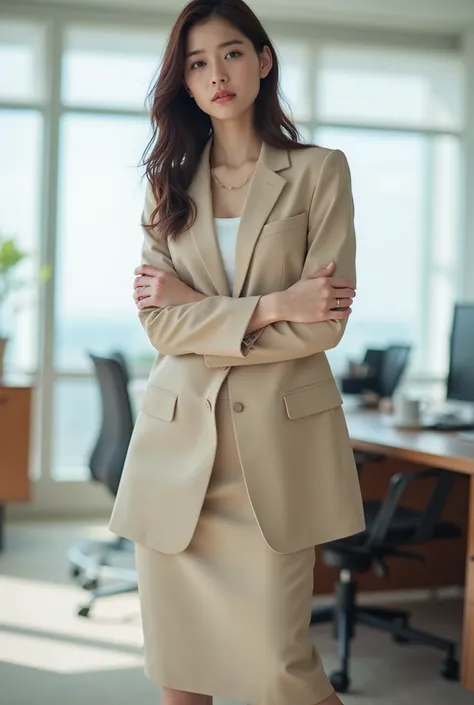 masterpiece, 8k, photorealistic, beautiful Japanese woman, beige business skirt suit, full body, modern office, slender