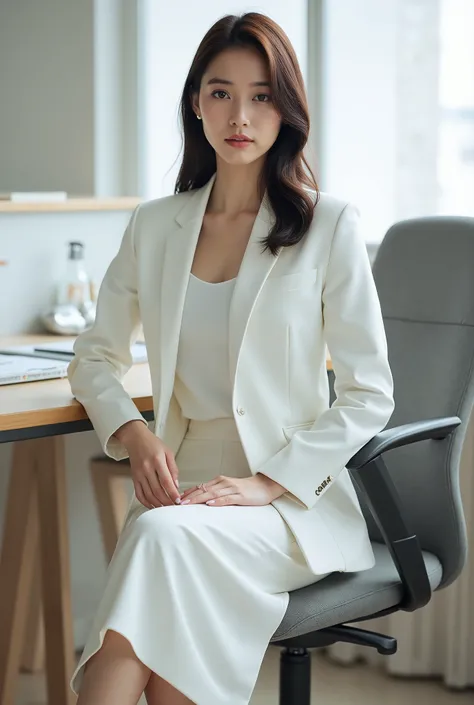 masterpiece, 8k, photorealistic, beautiful Japanese woman, white business skirt suit, full body, modern office, slender, maternal woman