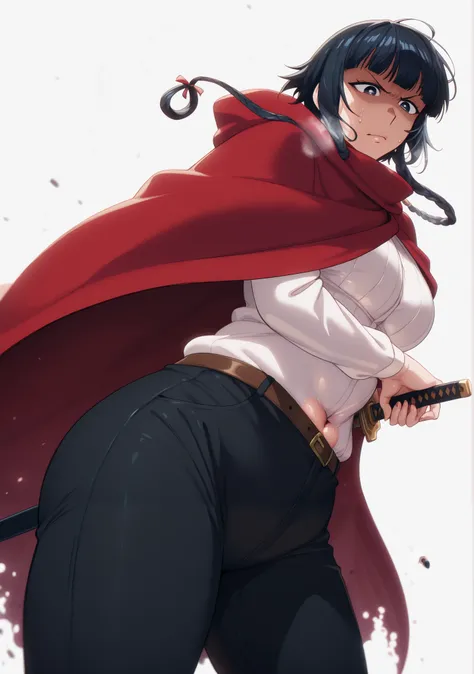 perfect eyes, perfect fingers, gasping, heavy breathing, excessive sweating, sweating, sweating profusely, gasping profusely, cinematic, ((skindentation)), ((curvy)), black hair, short hair with long locks, black eyes, blunt bangs, hair rings, twin braids,...