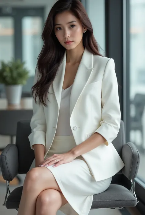 masterpiece, 8k, photorealistic, most beautiful Japanese woman, ((white blouse)), white formal business skirt suit, sitting on the chair, seductive pose, full body, modern office, slender