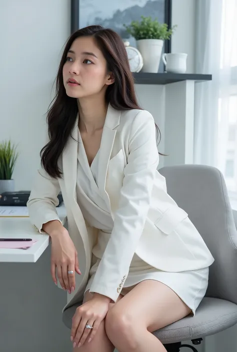 masterpiece, 8k, photorealistic, most beautiful Japanese woman, white business suit, ((white blouse)), (white jacket), (white skirt), upskirt, sitting on the chair, seductive pose, full body, modern office, slender