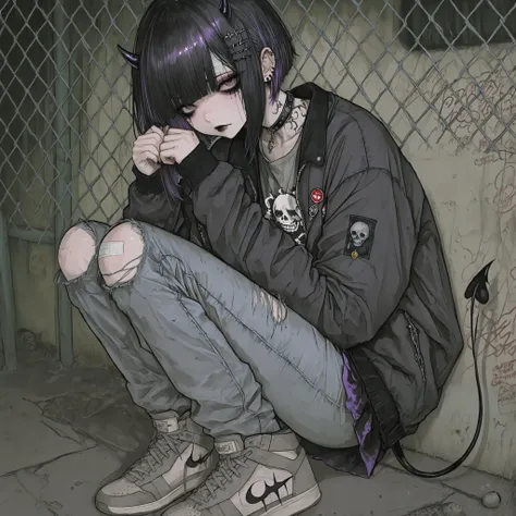 skinny tired girl is belong to emo/goth subculture.  She has obsidian black hair with highlighted white strands , she has a wolf haircut and long bangs that hide half of her face. She has a lot of metal hairpins, barrette, hair clips on her bangs. Her eyes...