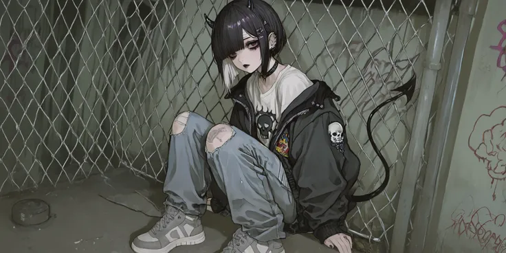 skinny tired girl is belong to emo/goth subculture.  She has obsidian black hair with highlighted white strands , she has a wolf haircut and long bangs that hide half of her face. She has a lot of metal hairpins, barrette, hair clips on her bangs. Her eyes...