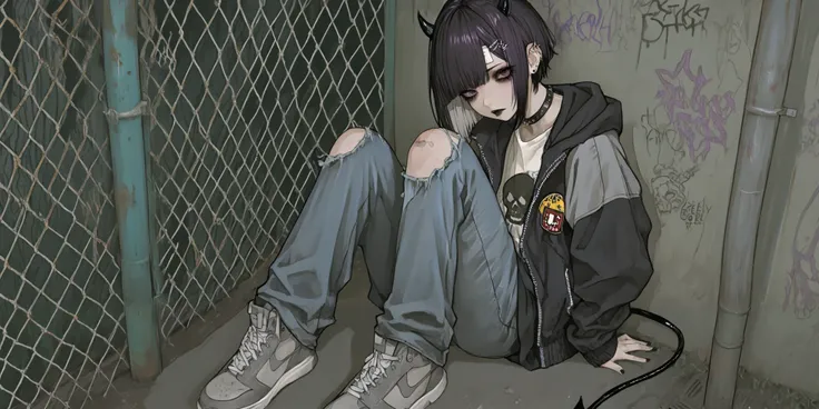 skinny tired girl is belong to emo/goth subculture.  She has obsidian black hair with highlighted white strands , she has a wolf haircut and long bangs that hide half of her face. She has a lot of metal hairpins, barrette, hair clips on her bangs. Her eyes...