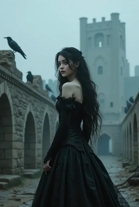 A gothic woman with delicate East Asian facial features stands with her back turned, her head gently tilted as she looks over her shoulder with a haunting, calm gaze. Her pale skin contrasts with her long, wavy black hair cascading down her back. She wears...