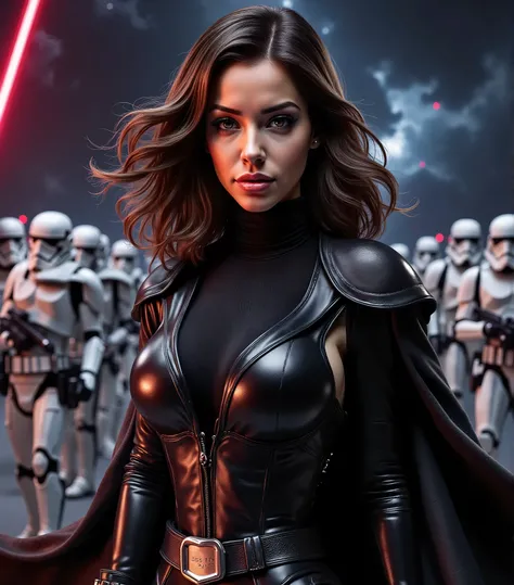 Laurence Bedard as a Mara Jade Skywalker with perfect eyes with long black hair, dressed in tight leather turtleneck combat outfit with pauldrons, using a red lightsaber, a hooded cape, strong seductive makeup, bedroom eyes, evil smirk, arrogant smirk, cin...
