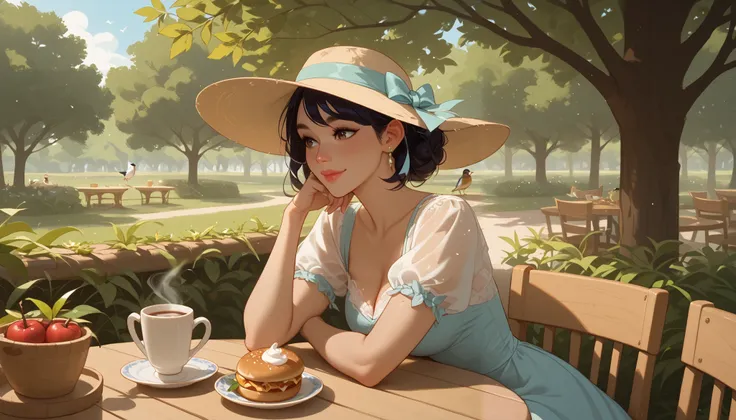 "A beautiful outdoor café surrounded by lush greenery, with wooden tables under the shade of large trees. A beautiful woman with a relaxed expression sits outside, enjoying her coffee while listening to birds chirping. She wears a light summer dress and a ...