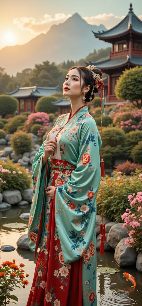 an ultra photo realistic full body image of a beautiful supermodel Chinese woman wearing traditional Qing Dynasty Hanfu with elegant patterns, adorned with luxurious jade jewelries on head, standing in a garden temple surrounded multicolor flowers, plants ...