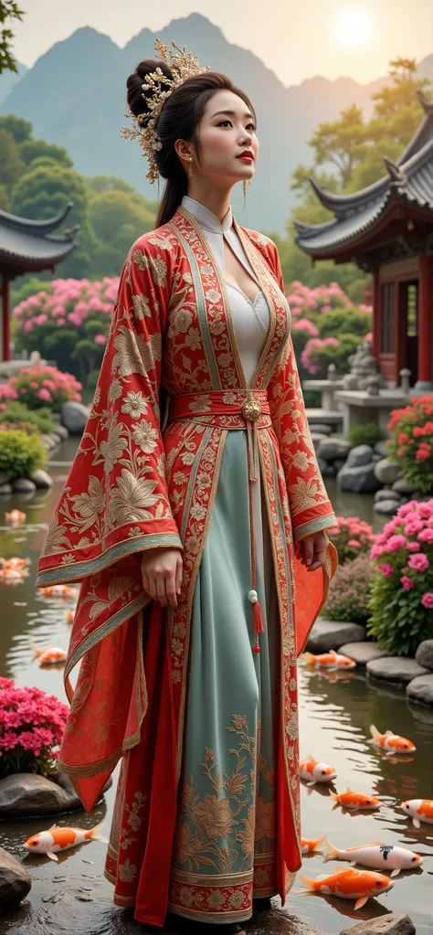 an ultra photo realistic full body image of a beautiful supermodel Chinese woman wearing traditional Qing Dynasty Hanfu with intricate patterns, adorned with luxurious jade jewelries on head, standing in a garden temple surrounded multicolor flowers, plant...