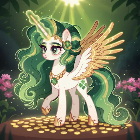 score_9, score_8_up, score_7_up, score_6_up, score_5_up, score_4_up, show accurate, full body, detailed background, feral pony, female pony, regal and enchanting appearance, original character, alicorn with a golden horn and large golden-feathered wings ad...