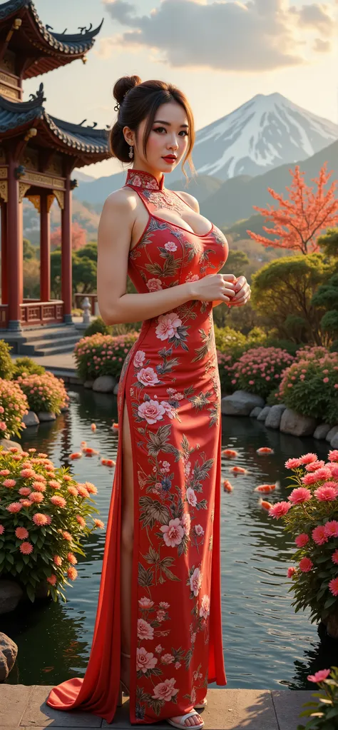 an ultra photo realistic full body image of a beautiful supermodel Chinese woman wearing traditional Cheongsam silk gown with intricate patterns with a high collar, standing in a garden temple surrounded multicolor flowers, plants and ponds with hungry Koi...