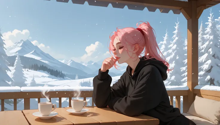 "A Woman Nice Body and nice breast with pastel green and pink hair tied in a ponytail sits wrapped in a soft blanket on a balcony overlooking a snow-covered forest. She wears a black hoodie and snug thermal leggings, her laptop glowing softly as she types....