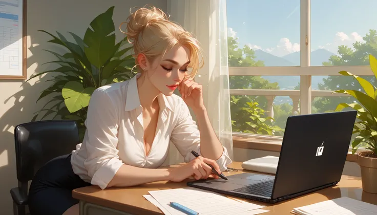 "A woman sitting at a minimalist modern desk, typing on her laptop. She is dressed in a professional outfit, with a notebook and a pen beside her. The large window behind her lets in natural light, illuminating the clean and organized workspace."