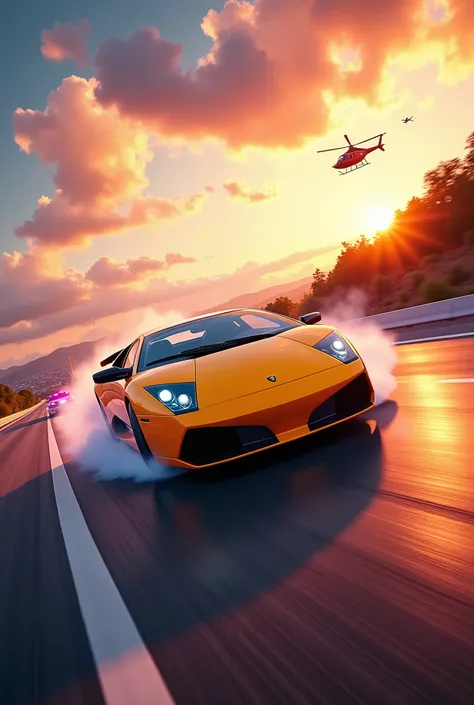 A high-speed car chase featuring a yellow Lamborghini Murciélago drifting on a highway, pursued by a police car and a helicopter in the background. Intense motion blur, cinematic lighting, vibrant sunset sky, dynamic action shot, extreme perspective, ultra...