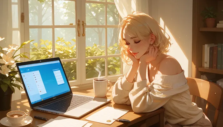 "A beautiful face and nice body, a woman sitting at a wooden desk, focused on her laptop." She is wearing a comfortable sweater, with a cup of coffee and a notebook beside her. Sunlight streams through a nearby window, casting a warm and productive atmosph...