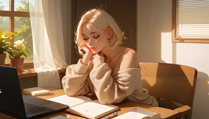 "A beautiful face and nice body, a woman sitting at a wooden desk, focused on her laptop." She is wearing a comfortable sweater, with a cup of coffee and a notebook beside her. Sunlight streams through a nearby window, casting a warm and productive atmosph...