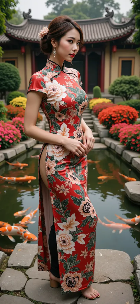 an ultra photo realistic full body image of a beautiful supermodel Chinese woman wearing traditional Cheongsam silk gown with intricate patterns with a high collar, standing in a garden temple surrounded multicolor flowers, plants and ponds with hungry Koi...