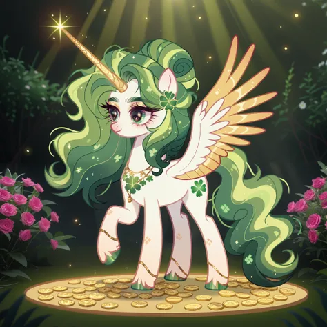 score_9, score_8_up, score_7_up, score_6_up, score_5_up, score_4_up, show accurate, full body, detailed background, feral pony, female pony, regal and enchanting appearance, original character, alicorn with a golden horn and large golden-feathered wings ad...