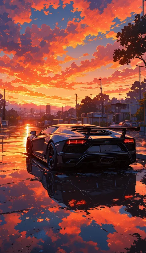 A gray sports car, a Lamborghini Aventador, is parked on a wet road at sunset. The car's rear is prominently featured, positioned slightly to the left of center in the image. Dramatic, fiery red and orange clouds fill the sky, contrasting with the dark gr...