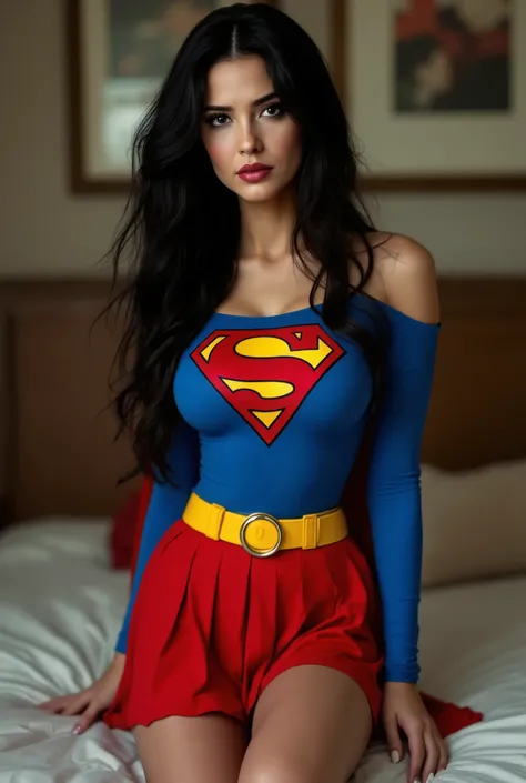 Supergirl in classic costume, long sleeves, closed shoulders. black hair
(latex)- red pleated skirt, yellow belt with a buckle, blue top with a logo on the chest. big breasts, standing in a sexy pose on all fours. in the bed