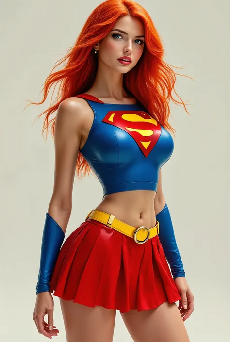 Supergirl in classic costume, long sleeves, closed shoulders. red hair
(latex)- red pleated skirt, yellow belt with a buckle, blue top with a logo on the chest. big breasts, standing in a sexy pose on all fours.