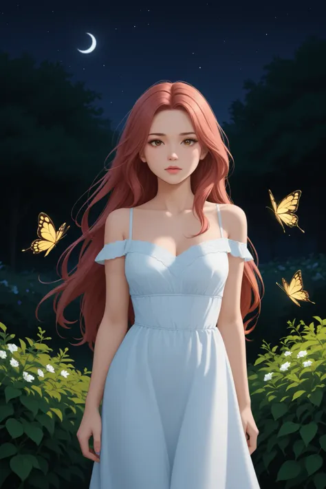 A woman looking away, with goldrose long hair color, brown eyes, in an garden at night with golden butterflies on her hair