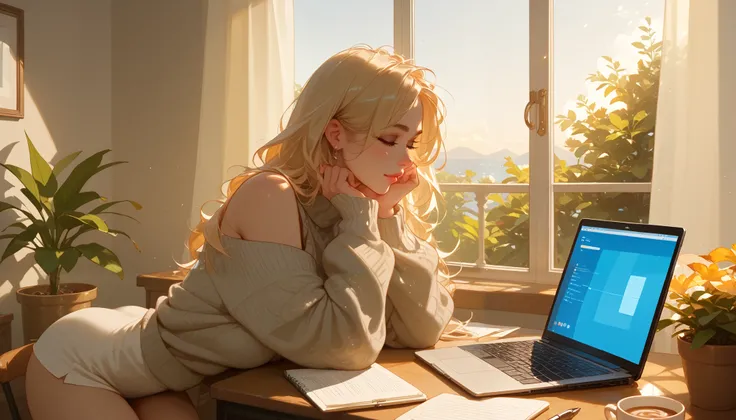 "A beautiful face and nice body, a woman sitting at a wooden desk, focused on her laptop." She is wearing a comfortable sweater, with a cup of coffee and a notebook beside her. Sunlight streams through a nearby window, casting a warm and productive atmosph...