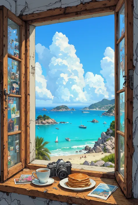 view from an open window, window sill made of old peeling wood,plate with pancakes, vintage camera, photographs, cup of tea, bright blue sky,creamy clouds, sunny day, picturesque view of the harbor,beach, stickers and photos on the side of the window frame...