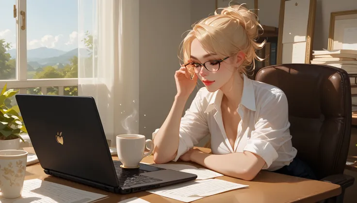"A beautiful face and nice body, a woman working on her laptop in a cozy home office." She is wearing a casual blouse, with glasses resting on her nose. A cup of tea, a smartphone, and a few documents are scattered on the desk, creating a focused workspace...
