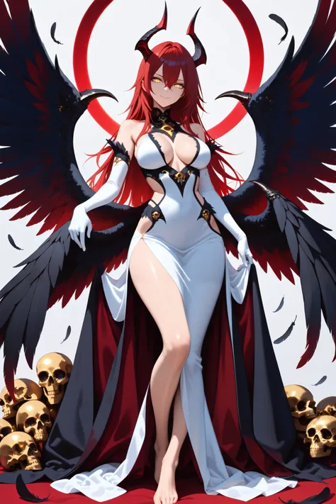 (masterpiece) , (highest quality) , (very detailed) , (the best shape) , (absurd) , (so beautiful) , (perfect anatomy), (perfect clear eyes),
1girl,red hair, long hair, golden eyes , horns, long hair , gloves, wings, standing, solo, looking at viewer, bare...
