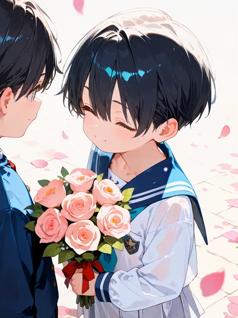 ((very handsome boy with short black hair and long sleeve sailor uniform holding a bouquet)), 1 boy, (young boy), alone, (cute, handsome), black hair, very short hair, closed eyes, happy smile, (smile: 0.8), (watercolor style), translucent layers, delicate...