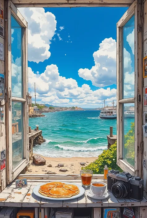 view from an open window, window sill made of old peeling wood,plate with pancakes, vintage camera, photographs, cup of tea, bright blue sky,creamy clouds, sunny day, picturesque view of the harbor,beach, stickers and photos on the side of the window frame...