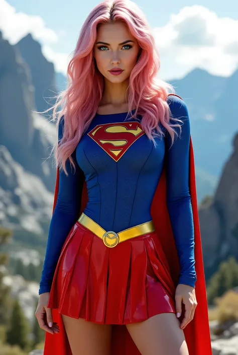 Supergirl in classic costume, long sleeves, closed shoulders. pink hair
(latex)- red pleated skirt, yellow belt with a buckle, blue top with a logo on the chest. big breasts, standing in a sexy pose on all fours. in the mountains