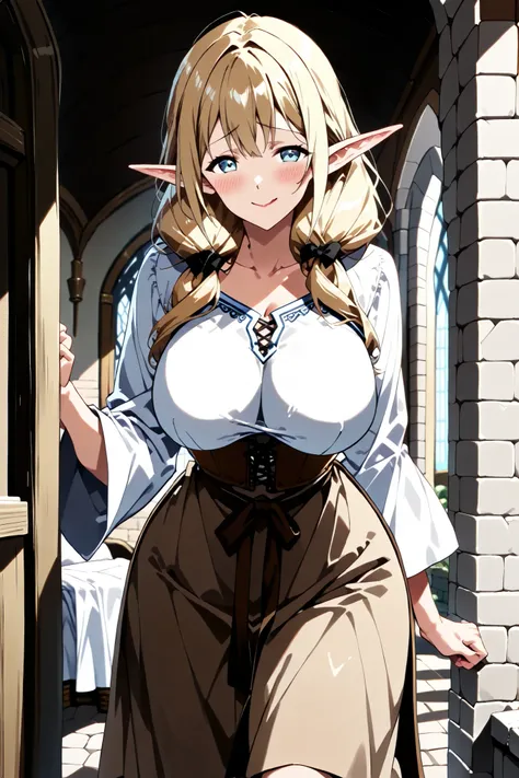 1 girl, Mature female elf , elf ears, Mature woman, Blonde hair, pigtails, light blue eyes, (Pretty Eyes),  Sweet expression , red lipstick, (sweet smile pajamas: 1.4), medium breasts, seios flácidos de Mature woman, (white medieval tunic: 1.5), (long medi...