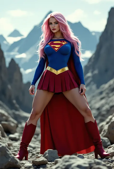Supergirl in classic costume, long sleeves, closed shoulders. pink hair (latex)- red pleated skirt, yellow belt with a buckle, blue top with a logo on the chest. big breasts, standing in a sexy pose on all fours. in the mountains sitting with her legs spre...