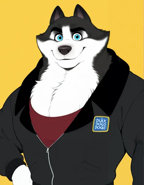 Duke (Arctic Dogs), anthro dog, black fur, white fur, male, blue eyes, black jacket, muscular, high quality, half body, looking at viewer, solo, flat color