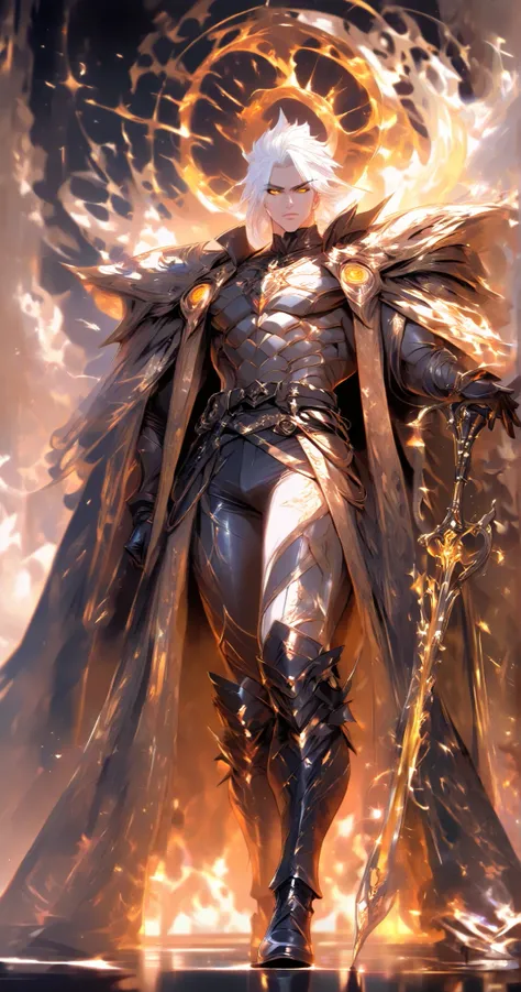 1 man, anime badass, Alone, A powerful figure clad in dark, intricately designed armor with fiery, glowing orange accents stands firmly, exuding a commanding presence. His short white hair is styled with a slightly tousled look, complementing the striking ...