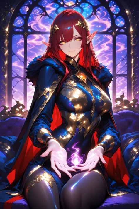 (masterpiece) , (highest quality) , (very detailed) , (the best shape) , (absurd) , (so beautiful) , (perfect anatomy), (perfect clear eyes), 1girl,red hair, long hair, golden eyes , beautiful Elf, girl, Beautiful body shapes, sexy, beautiful delicate make...