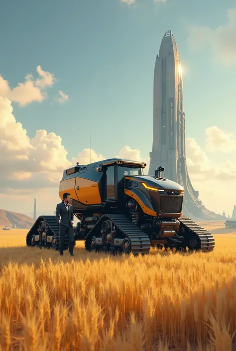 detailed graphics , the last high-tech crawler tractor in a wheat field, farmer in ultra-modern high-tech suit, nearby, spaceship spaceport, alien sky, superdetailed hand-drawn art with a wealth of shades and halftones, depth of light and shadow, digital ...