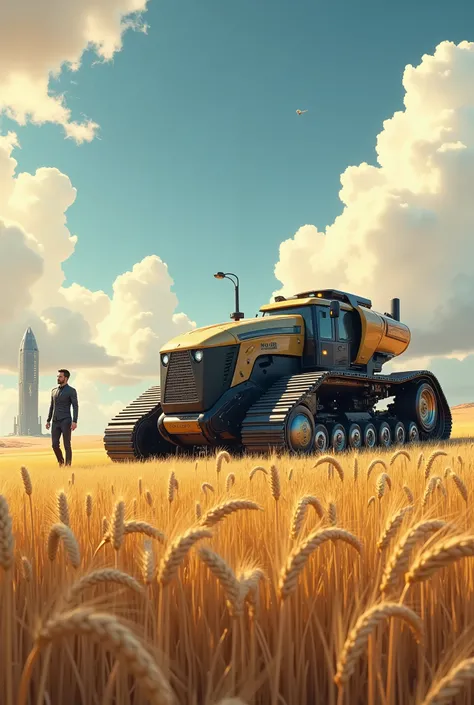 detailed graphics , the last high-tech crawler tractor in a wheat field, farmer in ultra-modern high-tech suit, nearby, spaceship spaceport, alien sky, superdetailed hand-drawn art with a wealth of shades and halftones, depth of light and shadow, digital ...