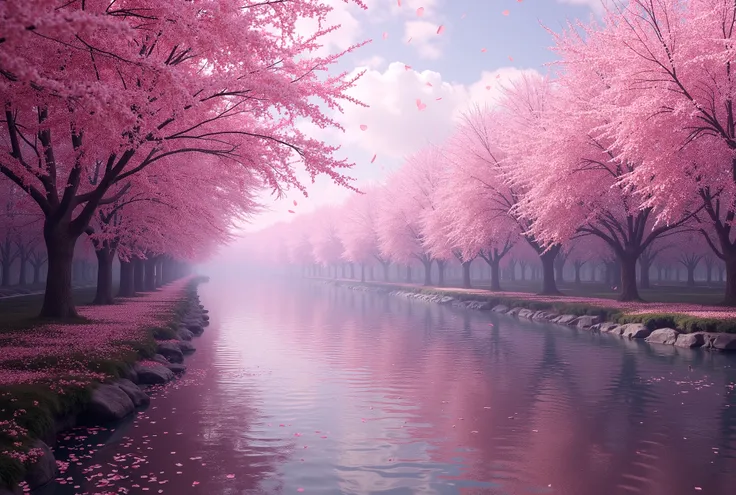 A mesmerizing yet unsettling riverside scene, where a vast forest of peach blossoms stretches endlessly along the water’s edge. The trees are in full bloom, their delicate pink petals drifting through the air like slow-motion snowflakes, but they never see...