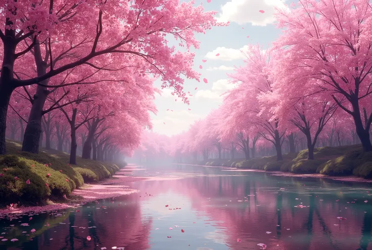 A mesmerizing yet unsettling riverside scene, where a vast forest of peach blossoms stretches endlessly along the water’s edge. The trees are in full bloom, their delicate pink petals drifting through the air like slow-motion snowflakes, but they never see...