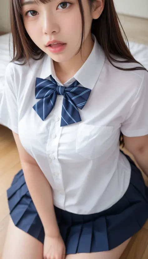 small 、((Japanese woman)) , (( white Y shirt))、(curvy body)、 sensual expression、((slightly above angle))、Open your mouth lightly 、I'm staring at 、on the bed、looking up 、(pleated skirt on indoor floor) 、(close-up on the face)、((Chest gap ))、(view from abo...