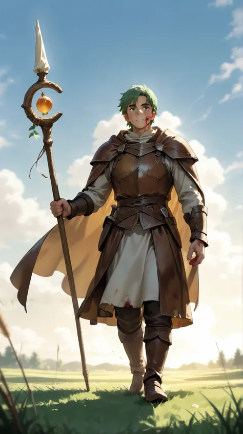 a male wooden-skin, wooden skin, colored skin, wood body, green eyes, brown eyebrows, green hairs, soft light, high detailed, best quality, on meadow, muscular body, far point of view, detailed face, detailed eyes, full body, wearing medieval wizard outfit...